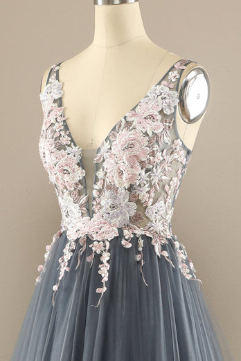 Gorgeous Deep V Neck Grey/Pink Formal Dress with Appliques