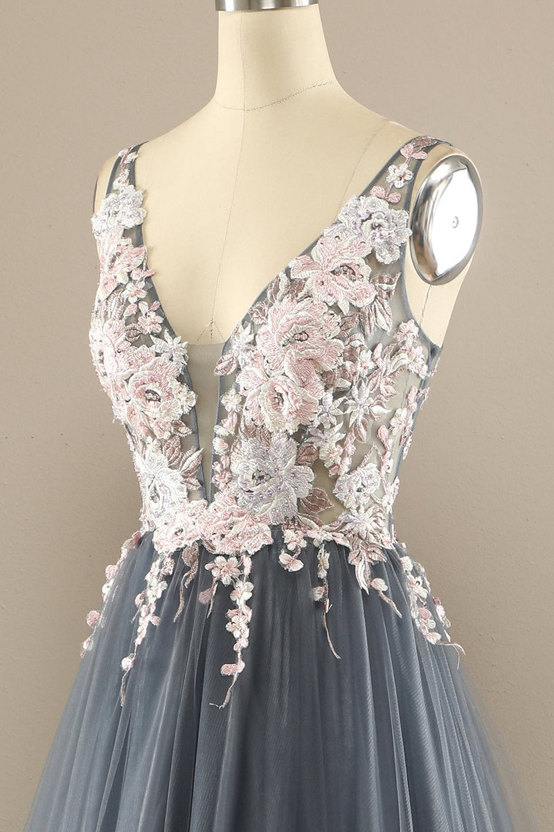 Load image into Gallery viewer, Gorgeous Deep V Neck Grey/Pink Formal Dress with Appliques