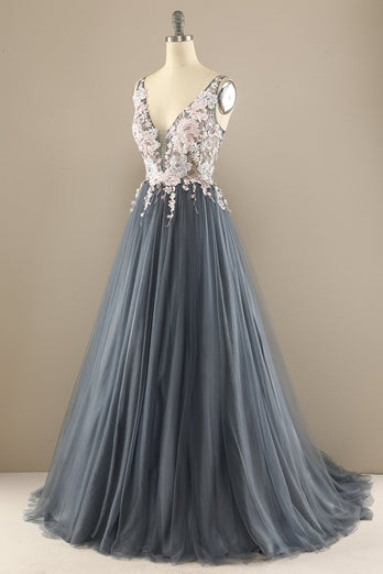 Gorgeous Deep V Neck Grey/Pink Formal Dress with Appliques