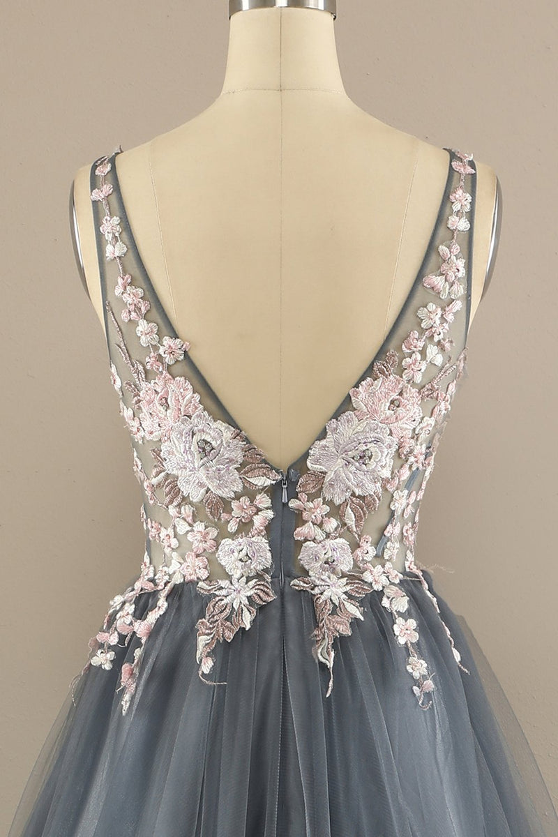 Load image into Gallery viewer, Gorgeous Deep V Neck Grey/Pink Formal Dress with Appliques