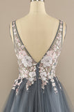 Gorgeous Deep V Neck Grey/Pink Formal Dress with Appliques