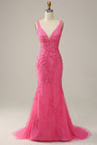 Mermaid Deep V Neck Hot Pink Long Formal Dress with Open Back