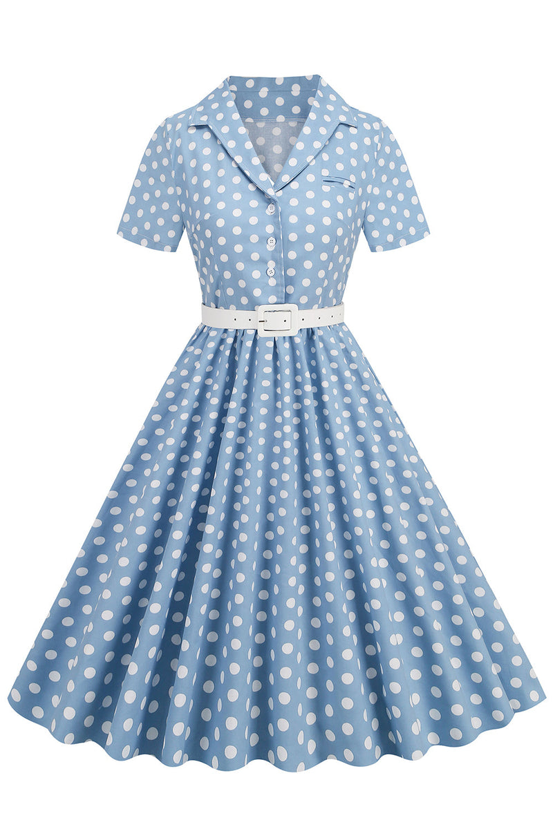Load image into Gallery viewer, Hepburn Style V Neck Blue Polka Dots 1950s Dress