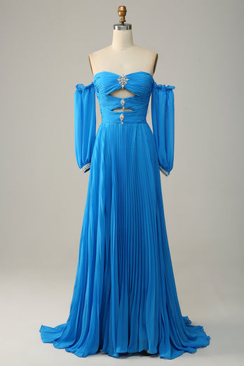 A Line Off the Shoulder Blue Long Formal Dress With Beading