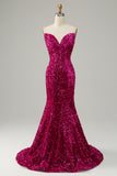 Fuchsia Sweetheart Neck Sequined Mermaid Formal Dress With Sweep Train