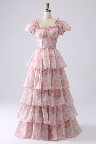 Blush A Line Square Neck Tiered Formal Dress with Ruffles