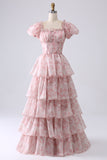 Blush A Line Square Neck Tiered Formal Dress with Ruffles