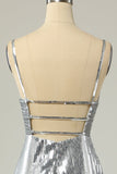 Mermaid Spaghetti Straps Silver Sequins Long Formal Dress Backless