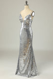 Mermaid Spaghetti Straps Silver Sequins Long Formal Dress Backless