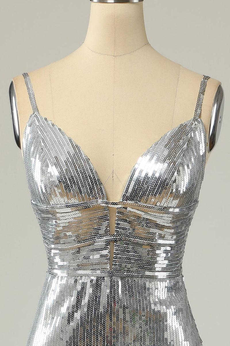 Load image into Gallery viewer, Mermaid Spaghetti Straps Silver Sequins Long Formal Dress Backless