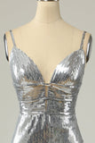 Mermaid Spaghetti Straps Silver Sequins Long Formal Dress Backless