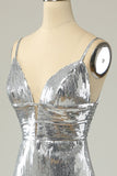 Mermaid Spaghetti Straps Silver Sequins Long Formal Dress Backless