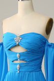 A Line Off the Shoulder Blue Long Formal Dress With Beading