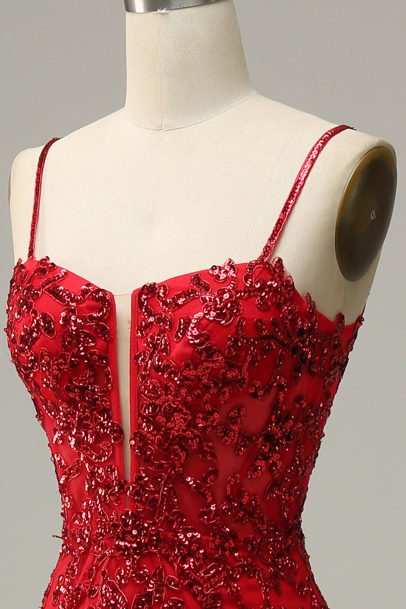 Load image into Gallery viewer, Mermaid Spaghetti Straps Red Sequins Long Formal Dress with Split Front