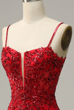 Mermaid Spaghetti Straps Red Sequins Long Formal Dress with Split Front