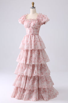 Blush A Line Square Neck Tiered Formal Dress with Ruffles