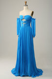 A Line Off the Shoulder Blue Long Formal Dress With Beading