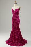 Fuchsia Sweetheart Neck Sequined Mermaid Formal Dress With Sweep Train