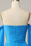 A Line Off the Shoulder Blue Long Formal Dress With Beading