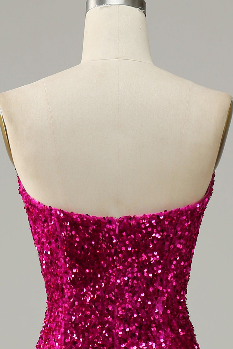 Load image into Gallery viewer, Fuchsia Sweetheart Neck Sequined Mermaid Formal Dress With Sweep Train