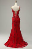 Mermaid Spaghetti Straps Red Sequins Long Formal Dress with Split Front