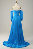 A Line Off the Shoulder Blue Long Formal Dress With Beading