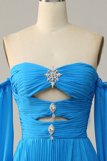 A Line Off the Shoulder Blue Long Formal Dress With Beading