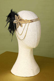 1920s Black and Gold Feather Beaded Headband