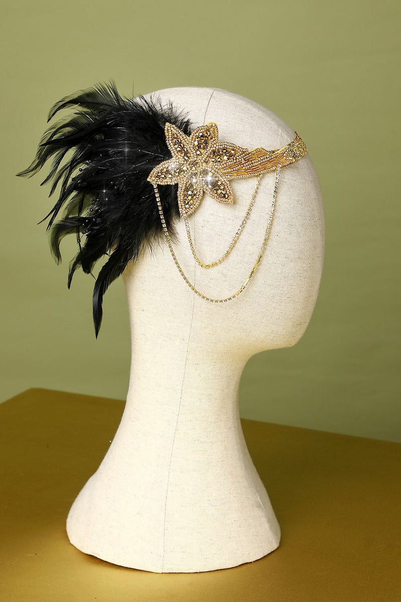 Load image into Gallery viewer, 1920s Black and Gold Feather Beaded Headband