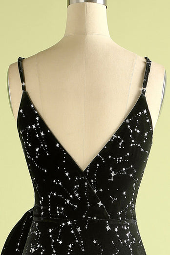 Black Star Printed Wrap Prom Dress