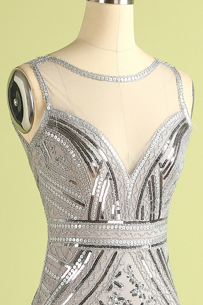 Load image into Gallery viewer, Silver Sequin Long Tulle 1920s Dress