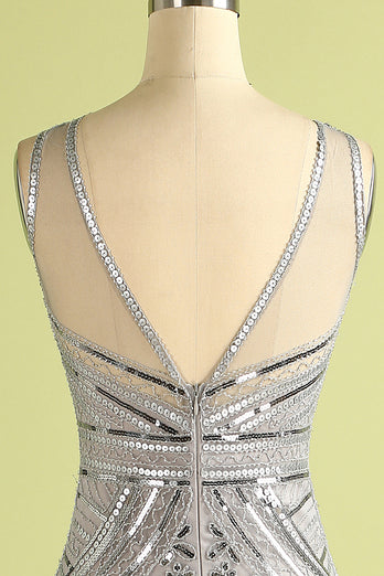 Silver Sequin Long Tulle 1920s Dress