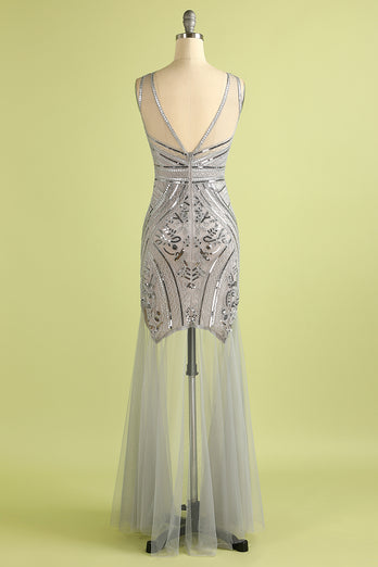 Silver Sequin Long Tulle 1920s Dress