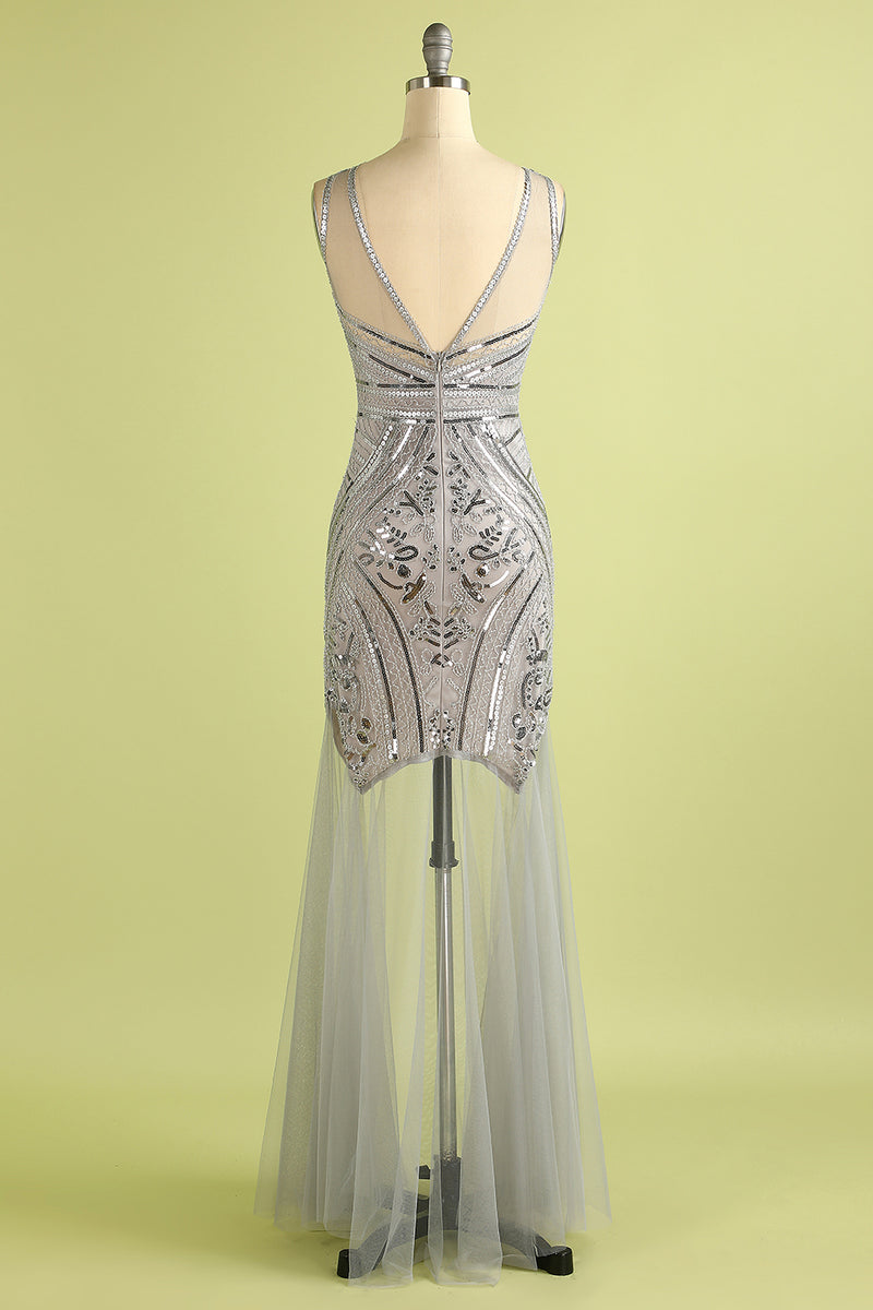 Load image into Gallery viewer, Silver Sequin Long Tulle 1920s Dress