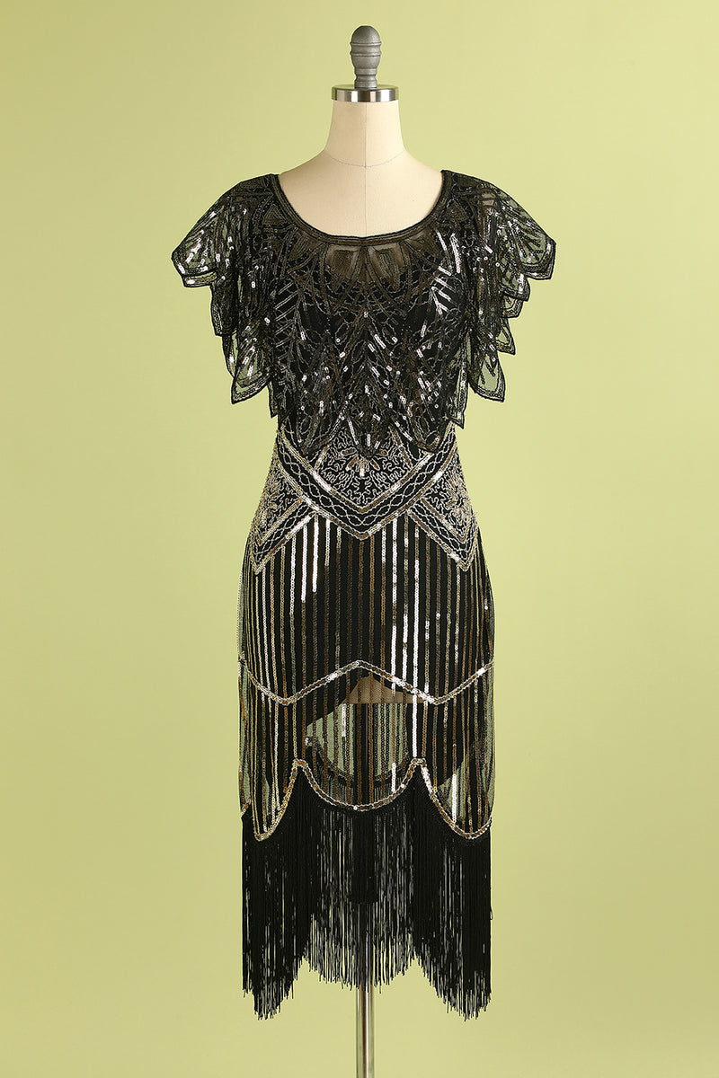 Load image into Gallery viewer, Black and Gold Sequin Glitter 1920s Cape