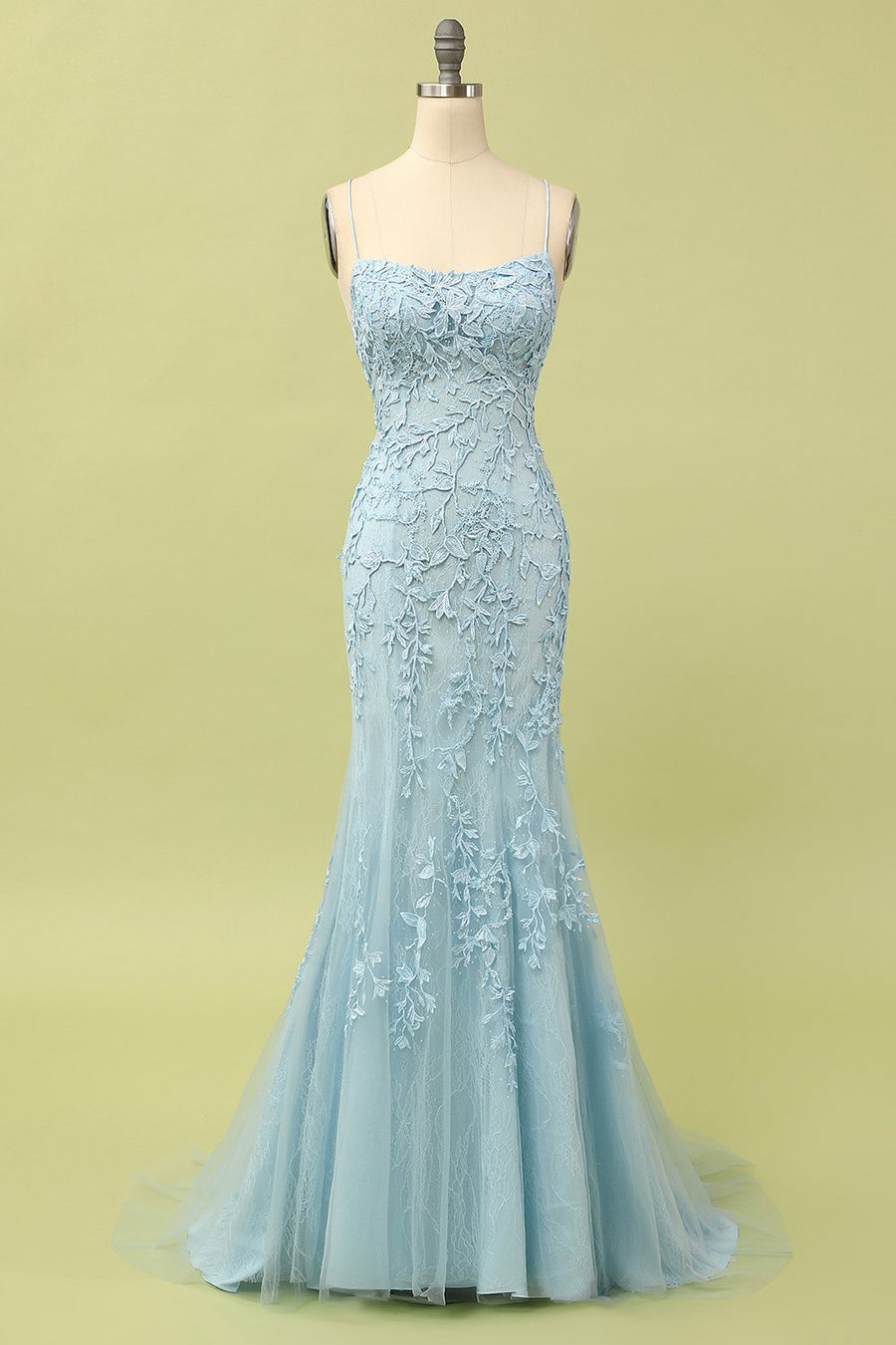 Mermaid Spaghetti Straps Light Pink Long Formal Dress with Appliques