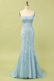 Mermaid Spaghetti Straps Light Pink Long Formal Dress with Appliques