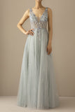 Long A Line Tulle Grey Blue Evening Dress