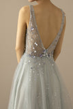 Long A Line Tulle Grey Blue Evening Dress