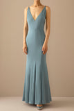 Mermaid Blue V Neck Long Formal Dress