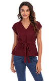 V Neck Burgundy Lace-Up Tops