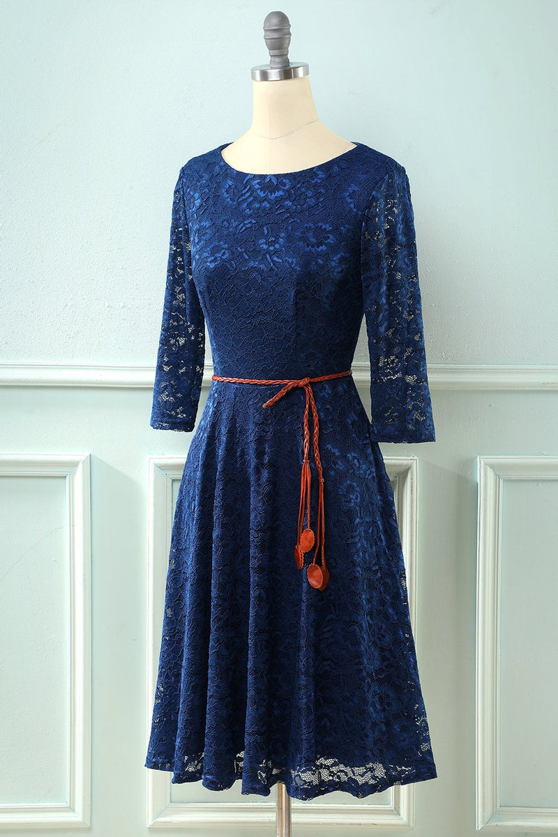 Load image into Gallery viewer, 3/4 Sleeves Navy Lace Dress