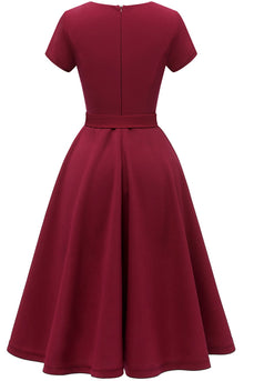 Burgundy Solid 1950s Dress