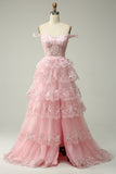 Princess A Line Off the Shoulder Black Pink Long Formal Dress with Tiered Lace