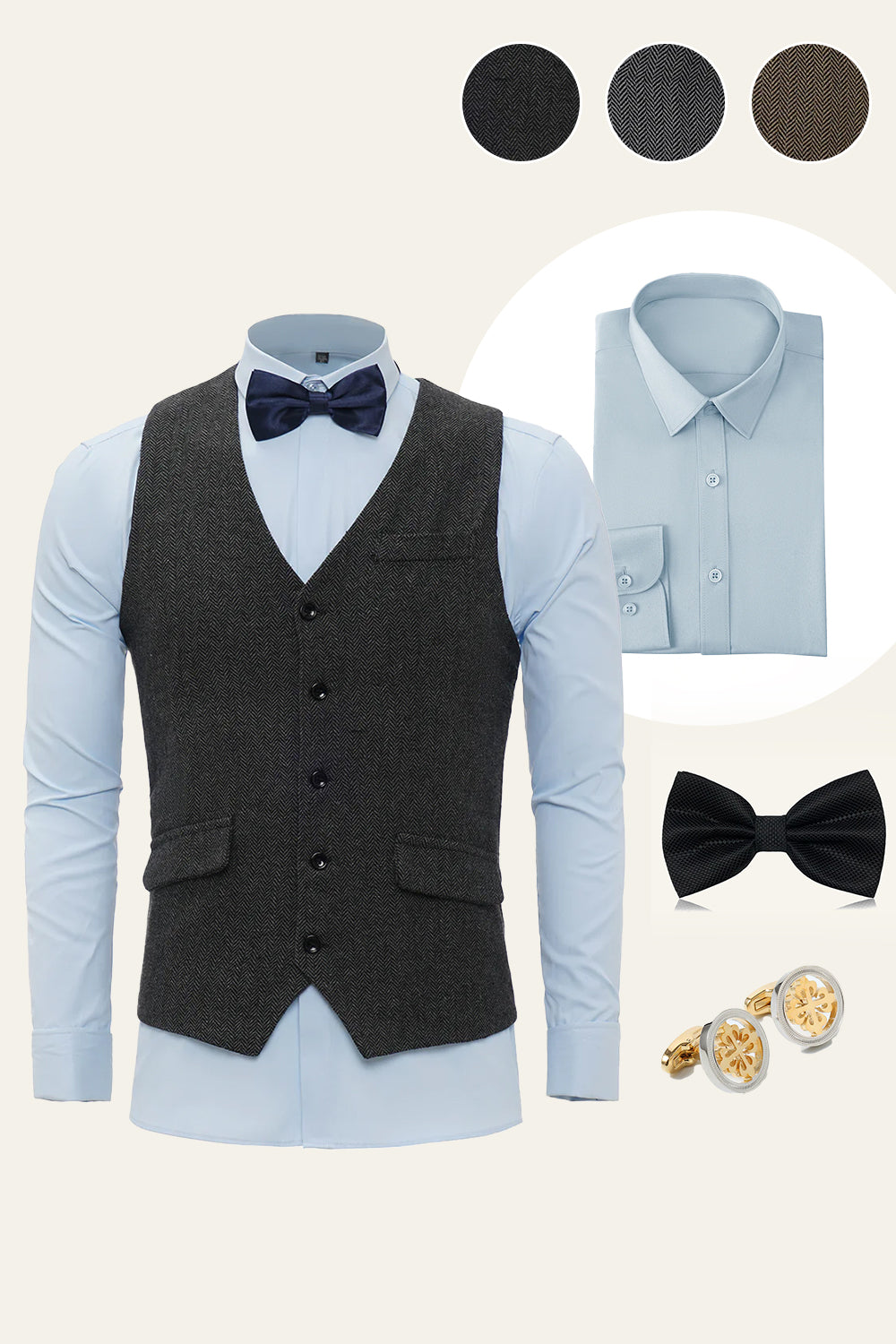 Black Shawl Lapel Single Breasted Men Vest with Shirts Accessories Set