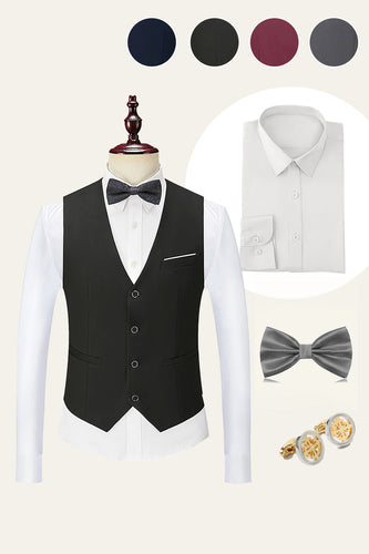 Black Single Breasted Men Vest with Shirts Accessories Set