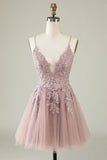 A Line Spaghetti Straps Blush Short Formal Dress with Criss Cross Back