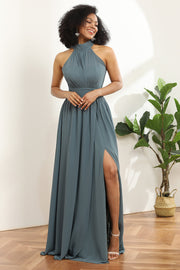 Grey Halter Ruched Long Chiffon Bridesmaid Dress with Slit