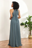 Grey Halter Ruched Long Chiffon Bridesmaid Dress with Slit