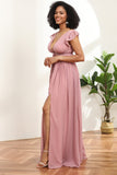 Blush V-Neck Long Chiffon Bridesmaid Dress